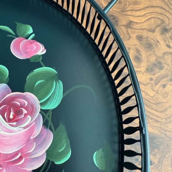 Vintage Toleware Tray Handled Reticulated Fine Arts Studio Hand-Painted Floral - Picture 7 of 8